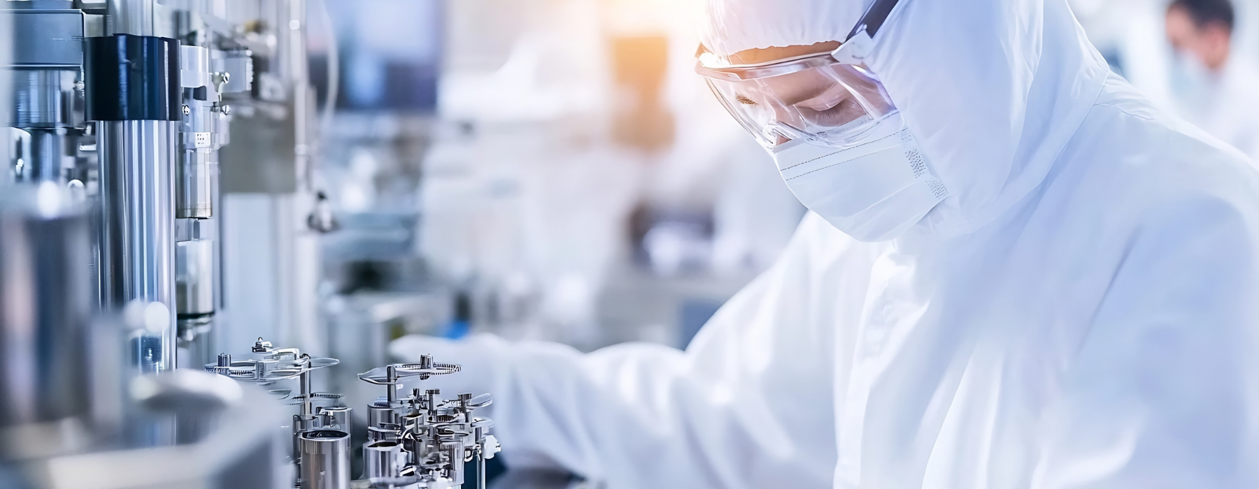 Scientist in a lab coat working in a cleanroom environment focused on a high-tech laboratory experiment