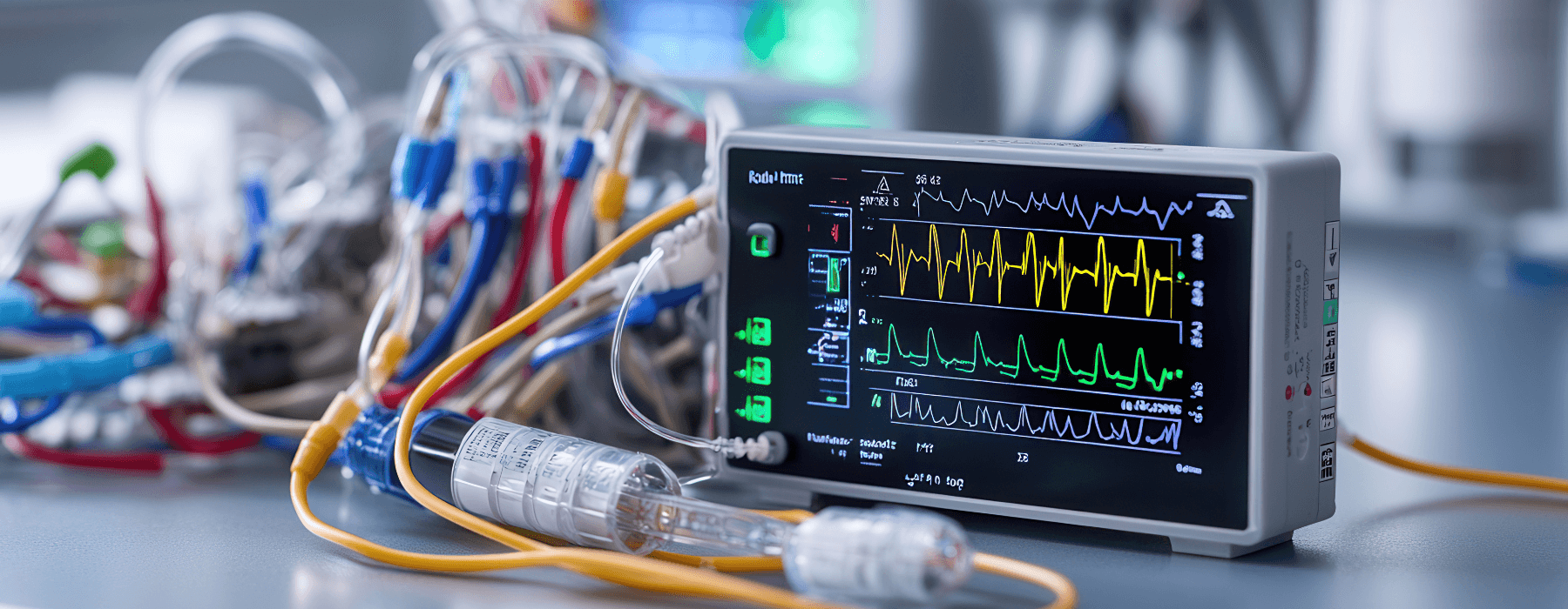 close up of medical ECG device displaying heart rate and vital signs, surrounded by cables and sensors, showcasing advanced healthcare technology